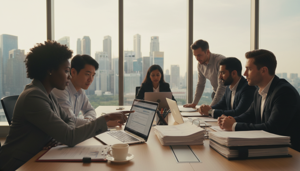 A professional office environment depicting a diverse group of foreign entrepreneurs engaging in a provider service filing session. In the foreground, two individuals in business attire are closely examining a laptop screen, with one pointing at the screen, highlighting details. The middle ground showcases a table filled with documents and a laptop, surrounded by various office supplies, such as pens and notepads. In the background, a large window reveals a view of Singapore's skyline, bathed in soft, natural sunlight. The lighting is warm and inviting, creating an atmosphere of collaboration and focus. The overall tone is one of professionalism and determination, suitable for individuals navigating the complexities of remote incorporation. The image should be photorealistic without any text or overlays. A professional office environment depicting a diverse group of foreign entrepreneurs engaging in a provider service filing session. In the foreground, two individuals in business attire are closely examining a laptop screen, with one pointing at the screen, highlighting details. The middle ground showcases a table filled with documents and a laptop, surrounded by various office supplies, such as pens and notepads. In the background, a large window reveals a view of Singapore's skyline, bathed in soft, natural sunlight. The lighting is warm and inviting, creating an atmosphere of collaboration and focus. The overall tone is one of professionalism and determination, suitable for individuals navigating the complexities of remote incorporation. The image should be photorealistic without any text or overlays.
