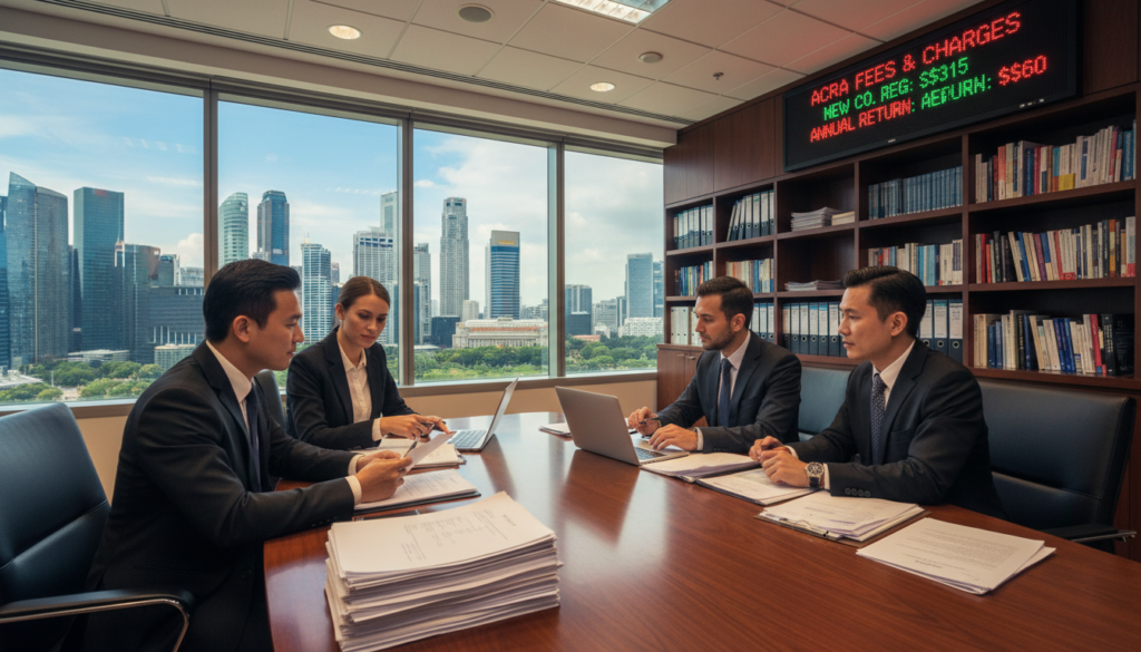 A professional office environment focusing on company registration in Singapore. In the foreground, a diverse group of business professionals in formal attire—two men and two women—are gathered around a modern conference table, reviewing documents and discussing company registration forms, pens and laptops scattered on the table. In the middle ground, a large window showcases the iconic skyline of Singapore with its skyscrapers and greenery, symbolizing growth and opportunity. The background features legal bookshelves and a digital display board with statistics related to ACRA fees. Bright, warm lighting enhances the atmosphere, while a slight depth of field brings focus to the group. The overall mood is collaborative and professional, emphasizing the importance of structured company setups.