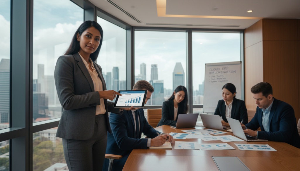 A professional office environment showcasing a diverse group of business professionals engaged in a dynamic discussion about cloud ERP systems. In the foreground, a confident woman in smart business attire gestures towards a digital tablet, displaying a user adoption dashboard, while a focused man in a suit takes notes. The middle ground features a sleek conference table with laptops and documents, symbolizing collaboration and implementation strategies. In the background, large windows let in soft, natural light, revealing a cityscape of Singapore, adding an urban touch. The atmosphere is one of innovation and teamwork, emphasizing the importance of user adoption and effective implementation in ERP systems. The image is photorealistic with a warm, inviting color palette.
