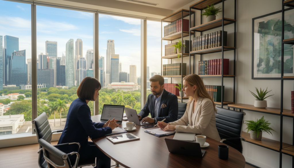 A professional office environment showcasing a diverse group of entrepreneurs engaged in a collaborative discussion about company incorporation. In the foreground, three office workers—two women, one of Asian descent and one of Caucasian descent, and a South Asian man—are gathered around a sleek conference table with laptops and documents. They are dressed in smart business attire, exuding professionalism. In the middle, a large window reveals the iconic skyline of Singapore, with modern skyscrapers and greenery. Soft, natural lighting streams in, creating a warm and inviting atmosphere. The background features shelves filled with legal books and plants, reinforcing the concept of professional services. The angle is slightly elevated, capturing both the interaction and the vibrant environment, evoking a sense of growth and opportunity for foreign entrepreneurs. A professional office environment showcasing a diverse group of entrepreneurs engaged in a collaborative discussion about company incorporation. In the foreground, three office workers—two women, one of Asian descent and one of Caucasian descent, and a South Asian man—are gathered around a sleek conference table with laptops and documents. They are dressed in smart business attire, exuding professionalism. In the middle, a large window reveals the iconic skyline of Singapore, with modern skyscrapers and greenery. Soft, natural lighting streams in, creating a warm and inviting atmosphere. The background features shelves filled with legal books and plants, reinforcing the concept of professional services. The angle is slightly elevated, capturing both the interaction and the vibrant environment, evoking a sense of growth and opportunity for foreign entrepreneurs.