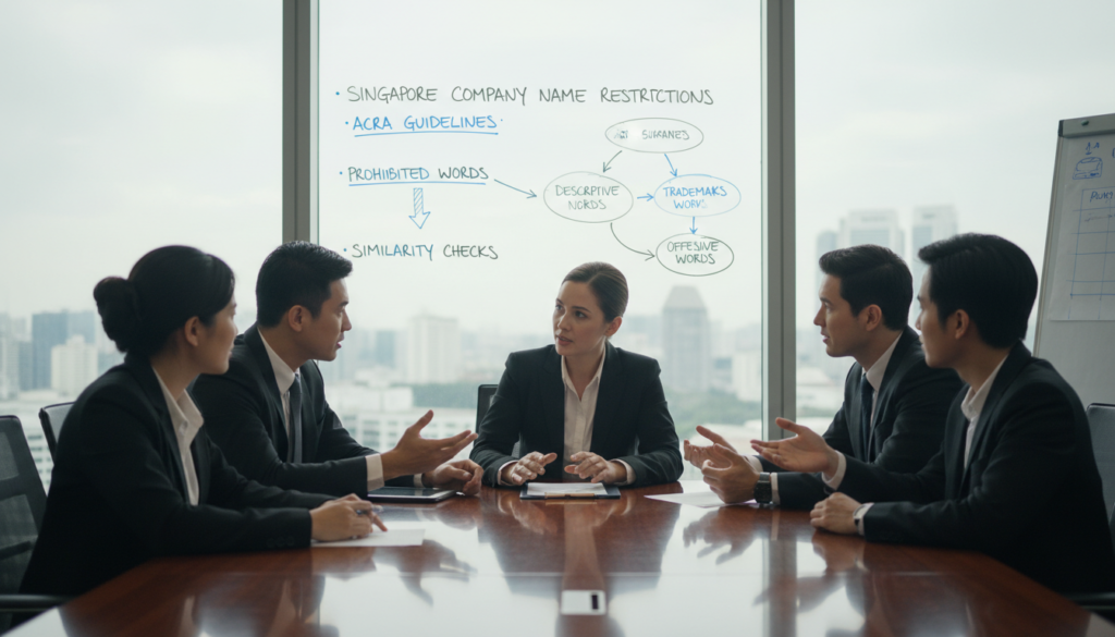 A professional office environment with a sleek conference table in the foreground, surrounded by business professionals in smart attire, engaged in discussion. The middle ground features a large, modern window allowing natural light to pour in, highlighting the seriousness of the topic at hand. In the background, a whiteboard filled with diagrams and key points related to company name restrictions in Singapore emphasizes the theme. The lighting is soft yet bright, creating a vibrant, focused atmosphere. The camera angle is slightly elevated, capturing the intensity and collaboration among the professionals. The overall mood is one of determination, illustrating the complexities of registering company names in Singapore while maintaining a sense of professionalism and urgency.