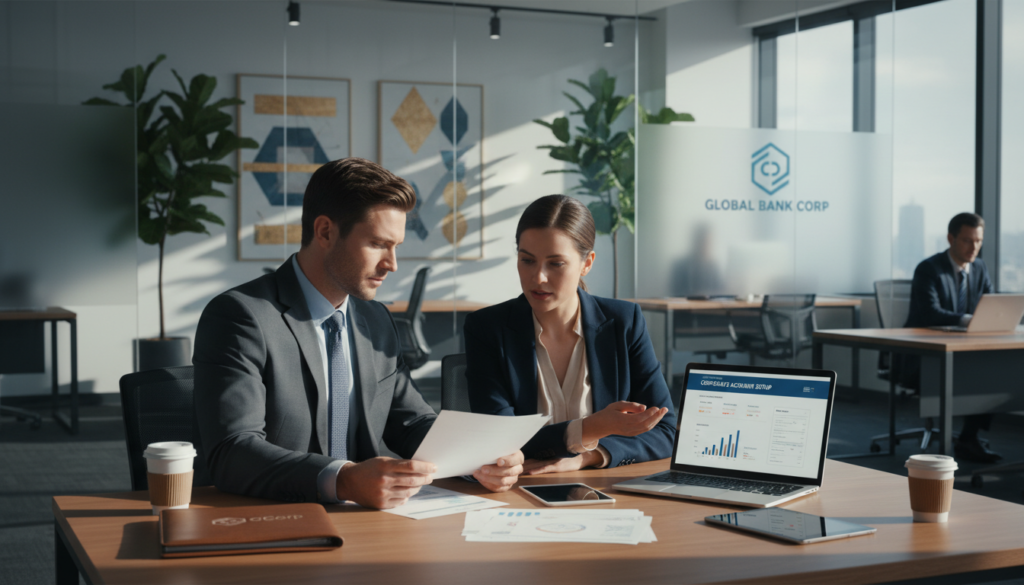 A professional office setting featuring a corporate banking representative and a business client at a sleek wooden desk engaged in discussion. In the foreground, the client, a man in a tailored suit, is reviewing documents, while the representative—a woman dressed in professional business attire—points to a laptop screen displaying an online banking interface. The middle ground showcases a modern office with glass walls, green plants, and subtle branding elements in the decor. The background is softly blurred to keep the focus on the interaction, with natural light coming from large windows, casting warm, inviting shadows. The mood is focused and professional, capturing the meticulous process of opening a corporate bank account.