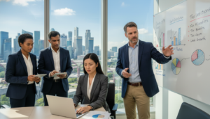 A professional office setting featuring a diverse group of employees discussing employee shares holding. In the foreground, a focused Asian woman in a tailored business attire reviews a document on a modern laptop. Beside her, a middle-aged Caucasian man gestures animatedly while explaining stock options, showcasing a whiteboard filled with charts and graphs detailing equity distribution and tax relief. In the middle ground, a window reveals a cityscape of Singapore, with its iconic skyline under a clear blue sky. The image is well-lit with natural light streaming in, creating a bright and inviting atmosphere. The composition should be taken from a slight overhead angle to capture both the subjects and the dynamic environment, emphasizing collaboration and professionalism.
