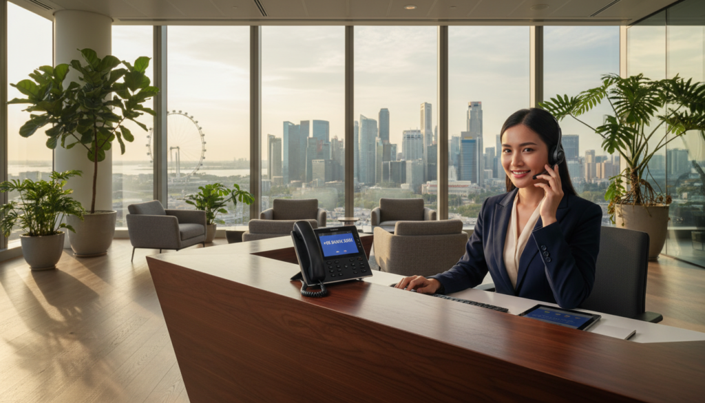 A professional office setting featuring a sleek modern desk with a high-end telephone prominently displaying a local Singapore phone number. In the foreground, a sophisticated, well-dressed receptionist in smart business attire is attentively answering calls, showcasing a warm and welcoming demeanor. The middle ground includes an elegant office space with lush indoor plants and a large window allowing natural light to pour in, casting gentle shadows. In the background, a cityscape of Singapore is visible, highlighting iconic skyline elements. The lighting is bright and inviting, creating a productive atmosphere with a sense of professionalism. The overall mood conveys excellent call handling and dedicated receptionist services, emphasizing reliability and a polished virtual office image. A professional office setting featuring a sleek modern desk with a high-end telephone prominently displaying a local Singapore phone number. In the foreground, a sophisticated, well-dressed receptionist in smart business attire is attentively answering calls, showcasing a warm and welcoming demeanor. The middle ground includes an elegant office space with lush indoor plants and a large window allowing natural light to pour in, casting gentle shadows. In the background, a cityscape of Singapore is visible, highlighting iconic skyline elements. The lighting is bright and inviting, creating a productive atmosphere with a sense of professionalism. The overall mood conveys excellent call handling and dedicated receptionist services, emphasizing reliability and a polished virtual office image.