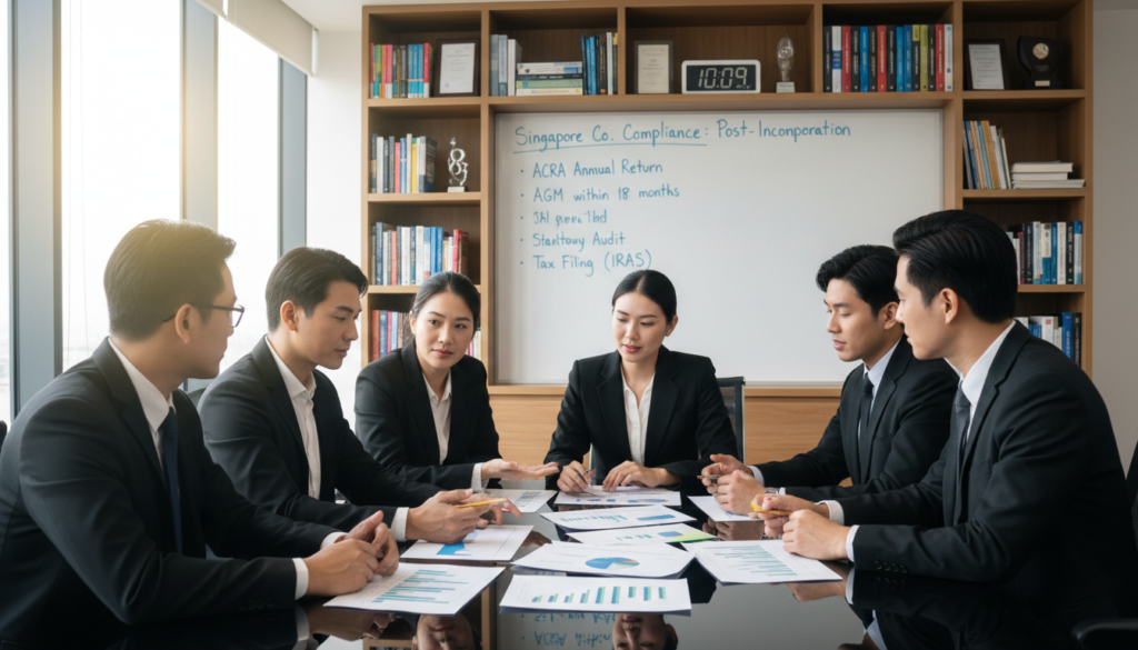 A professional office setting illuminated by soft, natural light streaming from large windows. In the foreground, a diverse group of businesspeople, dressed in smart business attire, are gathered around a sleek conference table. They are intently discussing financial documents displaying graphs and charts, illustrating annual returns. In the middle ground, a large whiteboard with markers shows key compliance points related to post-incorporation requirements for new companies in Singapore. The background features shelves lined with books and a digital clock. The atmosphere is focused and collaborative, embodying the urgency of compliance in a corporate environment. The image should be captured from an eye-level angle, with a shallow depth of field to emphasize the main subjects while gently blurring the background elements, creating a polished and professional look.