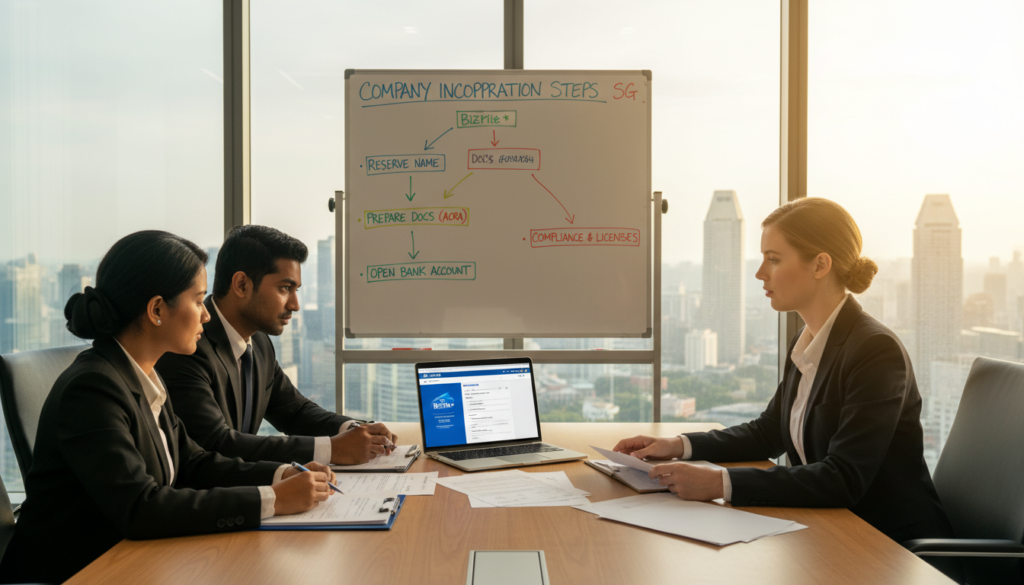 A professional office setting illustrating the incorporation process for a company in Singapore. In the foreground, a diverse group of three businesspeople, dressed in professional attire, are attentively reviewing documents on a sleek wooden conference table, showcasing company registration forms and a laptop displaying the ACRA (BizFile+) website. In the middle ground, a large whiteboard features a flowchart of the incorporation steps with colorful markers, emphasizing the regulatory compliance steps. The background includes a modern office window with a view of Singapore’s skyline, bathed in warm natural light. The mood is focused and collaborative, highlighting professionalism and diligence in navigating the incorporation requirements. The image is photorealistic, captured from a slightly elevated angle to encompass the dynamic workspace. A professional office setting illustrating the incorporation process for a company in Singapore. In the foreground, a diverse group of three businesspeople, dressed in professional attire, are attentively reviewing documents on a sleek wooden conference table, showcasing company registration forms and a laptop displaying the ACRA (BizFile+) website. In the middle ground, a large whiteboard features a flowchart of the incorporation steps with colorful markers, emphasizing the regulatory compliance steps. The background includes a modern office window with a view of Singapore’s skyline, bathed in warm natural light. The mood is focused and collaborative, highlighting professionalism and diligence in navigating the incorporation requirements. The image is photorealistic, captured from a slightly elevated angle to encompass the dynamic workspace.