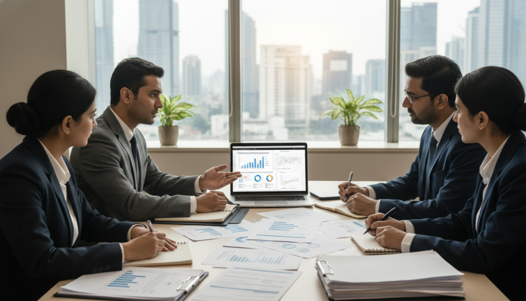 A professional office setting in India, showcasing a diverse group of business people engaged in a collaborative discussion about tax compliance for international business. In the foreground, a South Asian woman in professional attire points at a laptop displaying financial charts, while an Indian man in a sleek suit takes notes on a notepad. The middle ground features a table filled with documents, including tax forms and regulatory guidelines. In the background, a large window shows a bustling cityscape with modern buildings, symbolizing economic growth. Soft, natural lighting filters in, creating a warm, inviting atmosphere. The overall mood is focused and professional, capturing the essence of diligence required for India-side checks before incorporating a company in Singapore.