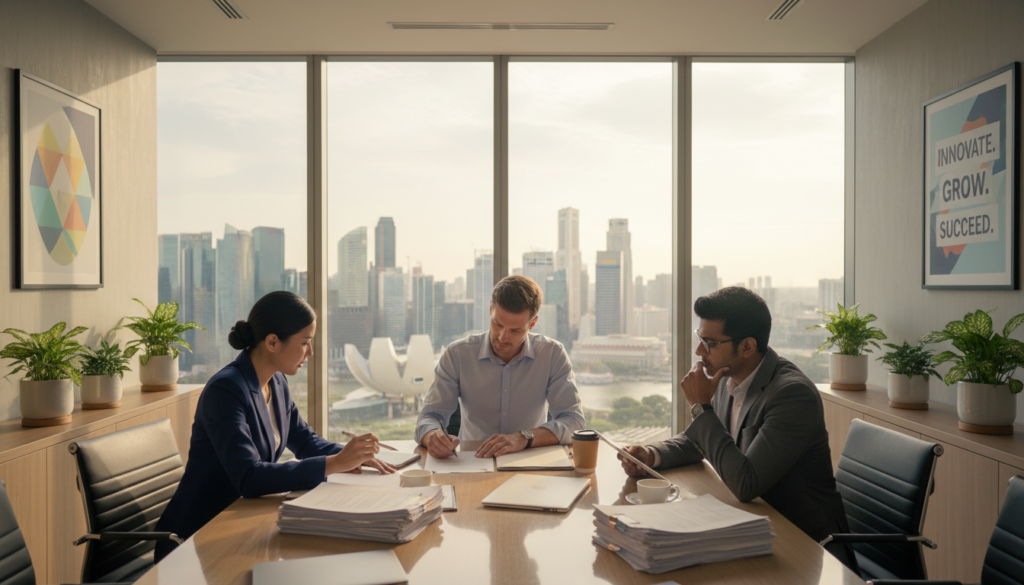A professional office setting in Singapore, showcasing a diverse group of entrepreneurs engaged in the company incorporation process. In the foreground, three individuals in business attire—an Asian woman, a Caucasian man, and a South Asian man—are gathered around a sleek conference table, reviewing documents and signing forms with focused expressions. In the middle, there’s a large window letting in soft natural light, illuminating a modern office space with stylish decor, including plants and motivational posters. In the background, a view of Singapore’s skyline showcases iconic buildings, symbolizing a thriving business environment. The atmosphere is one of collaboration and professionalism, with a warm and inviting feel, captured from a slightly elevated angle to emphasize the meeting space and the cityscape beyond. A professional office setting in Singapore, showcasing a diverse group of entrepreneurs engaged in the company incorporation process. In the foreground, three individuals in business attire—an Asian woman, a Caucasian man, and a South Asian man—are gathered around a sleek conference table, reviewing documents and signing forms with focused expressions. In the middle, there’s a large window letting in soft natural light, illuminating a modern office space with stylish decor, including plants and motivational posters. In the background, a view of Singapore’s skyline showcases iconic buildings, symbolizing a thriving business environment. The atmosphere is one of collaboration and professionalism, with a warm and inviting feel, captured from a slightly elevated angle to emphasize the meeting space and the cityscape beyond.