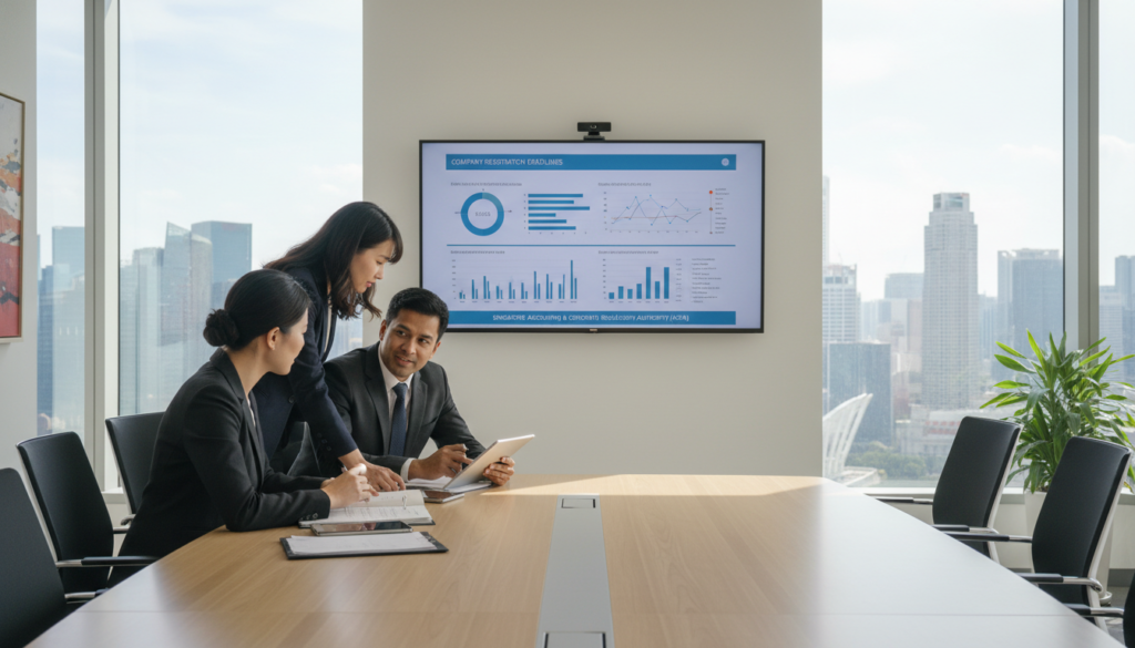 A professional office setting showcasing accounting corporate regulatory processes in Singapore. In the foreground, a diverse group of professionals in business attire—two women and one man—are intently reviewing documents and discussing compliance regulations around a sleek conference table. The middle ground features a large digital display showing graphs and regulatory timelines relevant to company registration. The background includes a glass wall with a view of Singapore’s skyline, symbolizing a modern business environment. The lighting is bright and natural, filtering through large windows, creating a productive and focused atmosphere. The image captures an overall sense of accountability and professionalism, perfect for illustrating key regulatory systems. Photorealism is emphasized, showcasing details in clothing textures and office décor. A professional office setting showcasing accounting corporate regulatory processes in Singapore. In the foreground, a diverse group of professionals in business attire—two women and one man—are intently reviewing documents and discussing compliance regulations around a sleek conference table. The middle ground features a large digital display showing graphs and regulatory timelines relevant to company registration. The background includes a glass wall with a view of Singapore’s skyline, symbolizing a modern business environment. The lighting is bright and natural, filtering through large windows, creating a productive and focused atmosphere. The image captures an overall sense of accountability and professionalism, perfect for illustrating key regulatory systems. Photorealism is emphasized, showcasing details in clothing textures and office décor.