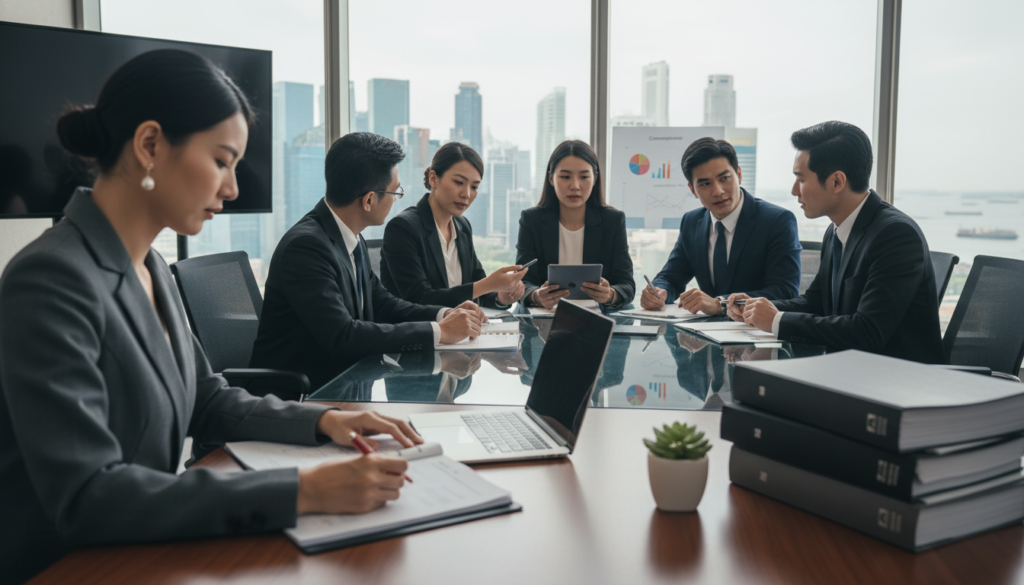 A professional office setting showcasing the duties of a company secretary in Singapore. In the foreground, a focused businesswoman in formal attire, reviewing documents while seated at a sleek, modern desk adorned with a laptop, a potted plant, and a stack of legal papers. In the middle ground, a collaborative atmosphere with a diverse team of professionals—men and women—engaged in a meeting around a glass conference table, discussing compliance matters. The background features a panoramic window displaying the Singapore skyline. Soft, natural light floods the room, creating a bright and inviting mood. The overall atmosphere reflects professionalism, diligence, and the importance of corporate compliance. The image should be photorealistic with a depth of field that keeps the focus on the team.