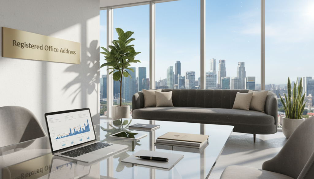 A professional office space depicting a registered office address in Singapore. In the foreground, a sleek glass table with a laptop and business documents arranged neatly, symbolizing organization and professionalism. The middle layer features a stylish reception area with a plush sofa and potted plants, while an elegant sign on the wall reads "Registered Office Address." In the background, large windows showcase the iconic Singapore skyline, highlighting modern skyscrapers under clear blue skies. Natural sunlight floods the space, creating a bright and inviting atmosphere. The overall mood is one of professionalism, compliance, and modernity, perfect for a thriving business environment. Photorealistic style with a focus on clarity and detail. A professional office space depicting a registered office address in Singapore. In the foreground, a sleek glass table with a laptop and business documents arranged neatly, symbolizing organization and professionalism. The middle layer features a stylish reception area with a plush sofa and potted plants, while an elegant sign on the wall reads "Registered Office Address." In the background, large windows showcase the iconic Singapore skyline, highlighting modern skyscrapers under clear blue skies. Natural sunlight floods the space, creating a bright and inviting atmosphere. The overall mood is one of professionalism, compliance, and modernity, perfect for a thriving business environment. Photorealistic style with a focus on clarity and detail.