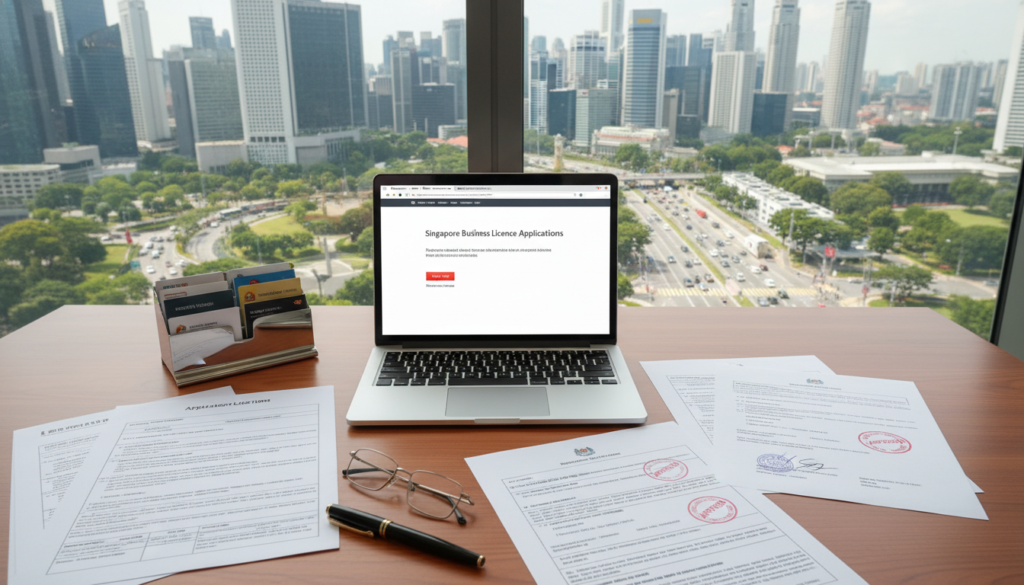 A professional office workspace focused on business licences, featuring a wooden desk filled with neatly arranged application forms, a laptop open displaying a government portal for licence applications, and a few official-looking documents stamped with approval. In the foreground, place a pair of reading glasses and a stylish pen beside a business card holder with various company cards. The middle area should show a window overlooking a bustling urban landscape, signifying the vibrant business environment of Singapore, with skyscrapers in sight under bright sunlight. Soft, natural lighting enhances the scene, creating a calm yet professional atmosphere. The image has a photorealistic quality, capturing every detail to emphasize the importance of securing business licences before operational activities commence.