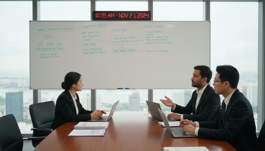 A professional, photorealistic office setting focusing on ongoing compliance in a corporate environment. In the foreground, a diverse group of three business people, dressed in professional attire, are engaged in a discussion around a large table with documents and laptops open. In the middle ground, a large whiteboard displays compliance checklists and regulatory guidelines related to Singapore incorporation, while a digital clock shows the time, emphasizing the importance of timely compliance. In the background, large windows let in soft, natural light, illuminating the professional atmosphere, with urban views of Singapore's skyline. The overall mood conveys diligence, commitment, and professionalism in maintaining business compliance.