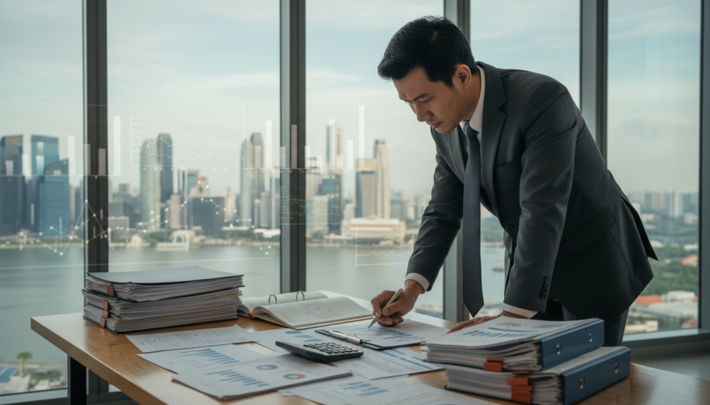 A professional, photorealistic setting illustrating tax considerations in an offshore context. In the foreground, a business professional in a smart suit leans over a desk cluttered with financial documents and a calculator, analyzing figures. In the middle ground, a large window reveals a panoramic view of Singapore's skyline, symbolizing the offshore structure. The atmosphere is serious and focused, accentuated by soft, natural lighting pouring in from the window, highlighting the details of the papers and the person's expression of deep concentration. In the background, hints of financial charts and graphs are subtly integrated, enhancing the theme of tax considerations without overwhelming the scene. The image conveys a sense of clarity, professionalism, and the weight of financial decisions. A professional, photorealistic setting illustrating tax considerations in an offshore context. In the foreground, a business professional in a smart suit leans over a desk cluttered with financial documents and a calculator, analyzing figures. In the middle ground, a large window reveals a panoramic view of Singapore's skyline, symbolizing the offshore structure. The atmosphere is serious and focused, accentuated by soft, natural lighting pouring in from the window, highlighting the details of the papers and the person's expression of deep concentration. In the background, hints of financial charts and graphs are subtly integrated, enhancing the theme of tax considerations without overwhelming the scene. The image conveys a sense of clarity, professionalism, and the weight of financial decisions.