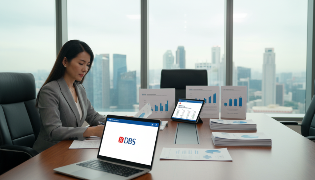 A professional setting showcasing a sleek, modern office space with a focus on a DBS Business Multi-Currency Account. In the foreground, a well-dressed business professional, a middle-aged Asian woman, is reviewing financial documents with a laptop displaying the DBS logo on the screen. In the middle ground, a polished conference table features stacks of business brochures, charts, and a digital tablet showing real-time currency conversions. The background includes a large window with a view of Singapore's skyline, bathed in soft daylight, enhancing the atmosphere of productivity and financial growth. The image is captured with a 50mm lens, creating a shallow depth of field that emphasizes the subject while softly blurring the background, embodying a mood of professionalism and trust in corporate banking.