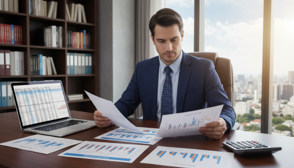 A professional tax consultant's office setting, focusing on an elegant desk with analytical documents and graphs depicting transaction volume trends. In the foreground, a well-dressed consultant in smart business attire is reviewing colorful reports with magnified charts and figures. The middle layer features a computer screen displaying financial data and a calculator, symbolizing analytical work. The background showcases a modern office environment, with shelves of tax law books, a city skyline visible through a window, and soft natural light illuminating the scene, creating a calm and focused atmosphere. The image should convey professionalism and expertise in financial consulting, aiming for a photorealistic style.