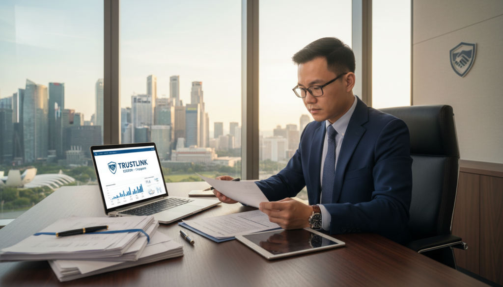 A secure and professional office environment depicting an escrow account setup in Singapore. In the foreground, a modern desk with a sleek laptop displaying a digital escrow management interface, surrounded by neatly organized paperwork and a pen. In the middle, a focused business professional in business attire, analyzing documents with a serious expression, symbolizing trust and diligence. The background showcases an elegant office view of Singapore's skyline through a large window, with soft, natural lighting illuminating the scene. The atmosphere is calm and professional, emphasizing security and reliability in business transactions. The image should be photorealistic, capturing the essence of modern banking and escrow services. A secure and professional office environment depicting an escrow account setup in Singapore. In the foreground, a modern desk with a sleek laptop displaying a digital escrow management interface, surrounded by neatly organized paperwork and a pen. In the middle, a focused business professional in business attire, analyzing documents with a serious expression, symbolizing trust and diligence. The background showcases an elegant office view of Singapore's skyline through a large window, with soft, natural lighting illuminating the scene. The atmosphere is calm and professional, emphasizing security and reliability in business transactions. The image should be photorealistic, capturing the essence of modern banking and escrow services.