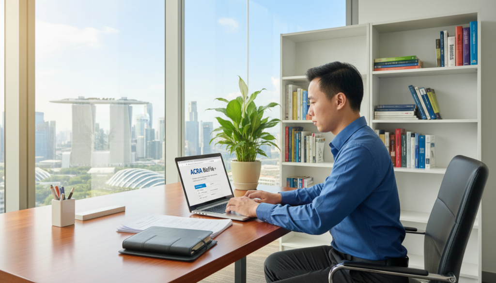 A serene office environment, featuring a stylish desk with a laptop open to the ACRA BizFile+ website, surrounded by organized documents and stationery. In the foreground, a focused professional in business attire, a Chinese national, is typing on the laptop, illustrating the registration process. The middle ground showcases shelves filled with business books and a potted plant, adding a touch of greenery. In the background, large windows reveal a bright cityscape of Singapore, with iconic buildings visible. Soft natural light filters through the windows, creating a warm and inviting atmosphere. The composition conveys a sense of professionalism and clarity, perfect for the theme of company registration. Aim for a photorealistic style with crisp details and balanced color tones. A serene office environment, featuring a stylish desk with a laptop open to the ACRA BizFile+ website, surrounded by organized documents and stationery. In the foreground, a focused professional in business attire, a Chinese national, is typing on the laptop, illustrating the registration process. The middle ground showcases shelves filled with business books and a potted plant, adding a touch of greenery. In the background, large windows reveal a bright cityscape of Singapore, with iconic buildings visible. Soft natural light filters through the windows, creating a warm and inviting atmosphere. The composition conveys a sense of professionalism and clarity, perfect for the theme of company registration. Aim for a photorealistic style with crisp details and balanced color tones.