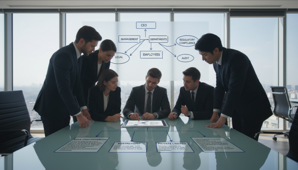 A sleek and modern office space depicting a company structure diagram. In the foreground, a large glass table with a digital tablet displaying a flowchart of various company structures like sole proprietorship, partnership, and private limited company. Several professionals in business attire, including a diverse group of men and women, are engaged in discussion, pointing at the tablet with interest. In the middle, clear outlines of company hierarchies are illustrated on a whiteboard behind them, with arrows and labels highlighting compliance requirements. The background features large windows letting in natural light, creating a bright, optimistic atmosphere. Use a wide-angle lens to capture the entire scene, emphasizing both the collaborative environment and the intricacies of company structure. The mood should be focused and professional. A sleek and modern office space depicting a company structure diagram. In the foreground, a large glass table with a digital tablet displaying a flowchart of various company structures like sole proprietorship, partnership, and private limited company. Several professionals in business attire, including a diverse group of men and women, are engaged in discussion, pointing at the tablet with interest. In the middle, clear outlines of company hierarchies are illustrated on a whiteboard behind them, with arrows and labels highlighting compliance requirements. The background features large windows letting in natural light, creating a bright, optimistic atmosphere. Use a wide-angle lens to capture the entire scene, emphasizing both the collaborative environment and the intricacies of company structure. The mood should be focused and professional.