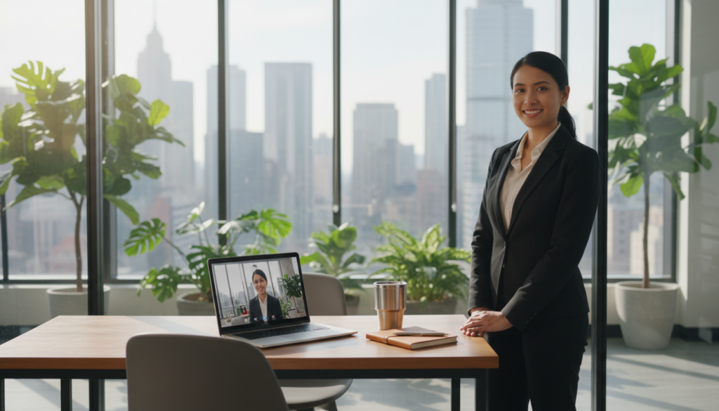 A sleek and modern virtual office setup showcasing a stylish desk with a laptop, notepad, and a sleek coffee cup in the foreground. The middle layer features a blurred backdrop of a contemporary office building with large windows, filled with greenery and ambient daylight streaming through. Soft, natural lighting enhances the atmosphere, creating a sense of professionalism and productivity. The scene includes a smiling individual dressed in business attire, standing confidently near the desk, exuding a sense of focus and determination. In the background, faint silhouettes of city skyscrapers suggest a vibrant urban environment. The overall mood conveys a blend of efficiency and ease, emphasizing the flexibility of using a virtual office address in daily business activities. A sleek and modern virtual office setup showcasing a stylish desk with a laptop, notepad, and a sleek coffee cup in the foreground. The middle layer features a blurred backdrop of a contemporary office building with large windows, filled with greenery and ambient daylight streaming through. Soft, natural lighting enhances the atmosphere, creating a sense of professionalism and productivity. The scene includes a smiling individual dressed in business attire, standing confidently near the desk, exuding a sense of focus and determination. In the background, faint silhouettes of city skyscrapers suggest a vibrant urban environment. The overall mood conveys a blend of efficiency and ease, emphasizing the flexibility of using a virtual office address in daily business activities.