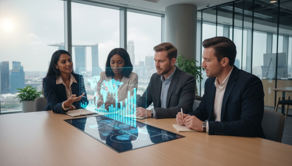 A sleek, modern office environment depicting a diverse group of professionals collaborating around a digital tablet displaying a map with pinpointed business addresses. In the foreground, a South Asian businesswoman in smart attire gestures at the map, while a Caucasian businessman in a blazer takes notes. In the middle, a holographic display presents analytical graphs of business growth stages. The background features a contemporary office space with large windows showcasing a skyline view of Singapore. Soft natural light fills the room, creating a warm and inviting atmosphere. The overall mood is one of innovation and collaboration, emphasizing the theme of matching business solutions to growth stages. Photorealistic depiction with a focus on detail and professionalism. A sleek, modern office environment depicting a diverse group of professionals collaborating around a digital tablet displaying a map with pinpointed business addresses. In the foreground, a South Asian businesswoman in smart attire gestures at the map, while a Caucasian businessman in a blazer takes notes. In the middle, a holographic display presents analytical graphs of business growth stages. The background features a contemporary office space with large windows showcasing a skyline view of Singapore. Soft natural light fills the room, creating a warm and inviting atmosphere. The overall mood is one of innovation and collaboration, emphasizing the theme of matching business solutions to growth stages. Photorealistic depiction with a focus on detail and professionalism.