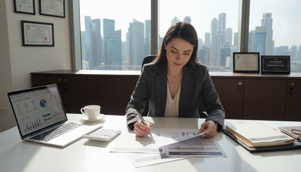 A sleek, modern office setting focusing on a well-dressed businesswoman reviewing legal documents related to licensing and GST. In the foreground, she examines papers on her desk, with a laptop displaying relevant financial data. The middle ground features a large window allowing natural light to flood the space, highlighting the urban skyline of Singapore. On the desk, alongside the documents, elegant business accessories like a pen, a calculator, and a cup of coffee add professionalism. The background showcases filing cabinets and a wall with framed certificates, symbolizing compliance and legitimacy. The atmosphere is focused and serious, conveying the importance of understanding licensing and taxation in a business environment. The image should evoke clarity and intent, illuminated by soft but bright lighting, shot from a slightly elevated angle to capture the full composition. A sleek, modern office setting focusing on a well-dressed businesswoman reviewing legal documents related to licensing and GST. In the foreground, she examines papers on her desk, with a laptop displaying relevant financial data. The middle ground features a large window allowing natural light to flood the space, highlighting the urban skyline of Singapore. On the desk, alongside the documents, elegant business accessories like a pen, a calculator, and a cup of coffee add professionalism. The background showcases filing cabinets and a wall with framed certificates, symbolizing compliance and legitimacy. The atmosphere is focused and serious, conveying the importance of understanding licensing and taxation in a business environment. The image should evoke clarity and intent, illuminated by soft but bright lighting, shot from a slightly elevated angle to capture the full composition.