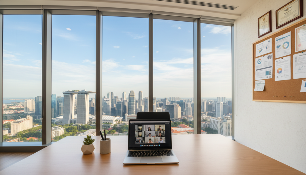A sleek, modern office space showcasing a virtual office setup in Singapore. In the foreground, a stylish, wooden desk is adorned with a laptop, an elegant pen holder, and a potted plant, symbolizing professionalism. In the middle ground, a large, panoramic window reveals a stunning view of Singapore's skyline, featuring iconic skyscrapers and a clear blue sky, representing a vibrant business environment. The background subtly includes a bulletin board with pinned documents and business awards. Soft, natural light filters through the window, creating a warm and inviting atmosphere. Capture the image with a wide-angle lens to emphasize the spaciousness, highlighting the blend of modernity and functionality within a virtual office context. Photorealistic style. A sleek, modern office space showcasing a virtual office setup in Singapore. In the foreground, a stylish, wooden desk is adorned with a laptop, an elegant pen holder, and a potted plant, symbolizing professionalism. In the middle ground, a large, panoramic window reveals a stunning view of Singapore's skyline, featuring iconic skyscrapers and a clear blue sky, representing a vibrant business environment. The background subtly includes a bulletin board with pinned documents and business awards. Soft, natural light filters through the window, creating a warm and inviting atmosphere. Capture the image with a wide-angle lens to emphasize the spaciousness, highlighting the blend of modernity and functionality within a virtual office context. Photorealistic style.