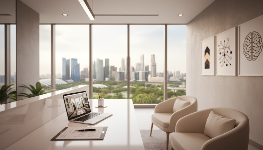A sleek, modern virtual office environment in Singapore, featuring a stylish reception area with a minimalist desk and comfortable seating. In the foreground, there should be sophisticated business accessories like a laptop and a stack of professional documents. The middle ground showcases large windows with a view of Singapore's iconic skyline and greenery, enhancing the ambiance with natural light. The background should include tasteful artwork representing business success and innovation. Soft, diffused lighting creates a professional yet inviting mood, and a slight depth of field focuses on the reception area while gently blurring the skyline. All elements reflect a productive and professional atmosphere suitable for a virtual office setting. A sleek, modern virtual office environment in Singapore, featuring a stylish reception area with a minimalist desk and comfortable seating. In the foreground, there should be sophisticated business accessories like a laptop and a stack of professional documents. The middle ground showcases large windows with a view of Singapore's iconic skyline and greenery, enhancing the ambiance with natural light. The background should include tasteful artwork representing business success and innovation. Soft, diffused lighting creates a professional yet inviting mood, and a slight depth of field focuses on the reception area while gently blurring the skyline. All elements reflect a productive and professional atmosphere suitable for a virtual office setting.