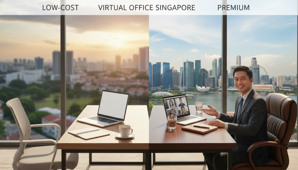 A sleek, modern virtual office environment set in Singapore, showcasing a split view of low-cost and premium options. In the foreground, depict a stylishly furnished desk with a laptop, notepad, and a coffee cup, emphasizing a budget-friendly vibe. In the middle, feature a well-dressed professional in business attire, engaged in a video call, highlighting the office's functionality. The background should depict a panoramic cityscape of Singapore, with iconic buildings like Marina Bay Sands and the skyline blending seamlessly into the scene. Use bright, natural lighting filtering through large windows to create an open and inviting atmosphere. Capture the essence of professionalism and practicality, portraying a space where smart business decisions take place. Ensure the image is photorealistic, focusing on clarity and detail in all elements. A sleek, modern virtual office environment set in Singapore, showcasing a split view of low-cost and premium options. In the foreground, depict a stylishly furnished desk with a laptop, notepad, and a coffee cup, emphasizing a budget-friendly vibe. In the middle, feature a well-dressed professional in business attire, engaged in a video call, highlighting the office's functionality. The background should depict a panoramic cityscape of Singapore, with iconic buildings like Marina Bay Sands and the skyline blending seamlessly into the scene. Use bright, natural lighting filtering through large windows to create an open and inviting atmosphere. Capture the essence of professionalism and practicality, portraying a space where smart business decisions take place. Ensure the image is photorealistic, focusing on clarity and detail in all elements.