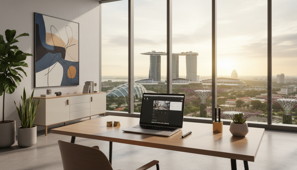 A sleek, modern virtual office setting in Singapore, showcasing a polished desk with a laptop and stylish office supplies in the foreground. The middle ground features a large window with a panoramic view of the iconic Singapore skyline, including the Marina Bay Sands and Gardens by the Bay, bathed in warm, natural sunlight. Soft shadows create a comforting atmosphere, while muted green plants add a touch of nature, enhancing the professional environment. In the background, an abstract art piece hangs on a light-colored wall, contributing to the contemporary vibe. The image should evoke a sense of professionalism and innovation, ideal for a modern business presence, captured with sharp clarity and vibrant colors, using a wide-angle lens to emphasize the spaciousness. A sleek, modern virtual office setting in Singapore, showcasing a polished desk with a laptop and stylish office supplies in the foreground. The middle ground features a large window with a panoramic view of the iconic Singapore skyline, including the Marina Bay Sands and Gardens by the Bay, bathed in warm, natural sunlight. Soft shadows create a comforting atmosphere, while muted green plants add a touch of nature, enhancing the professional environment. In the background, an abstract art piece hangs on a light-colored wall, contributing to the contemporary vibe. The image should evoke a sense of professionalism and innovation, ideal for a modern business presence, captured with sharp clarity and vibrant colors, using a wide-angle lens to emphasize the spaciousness.