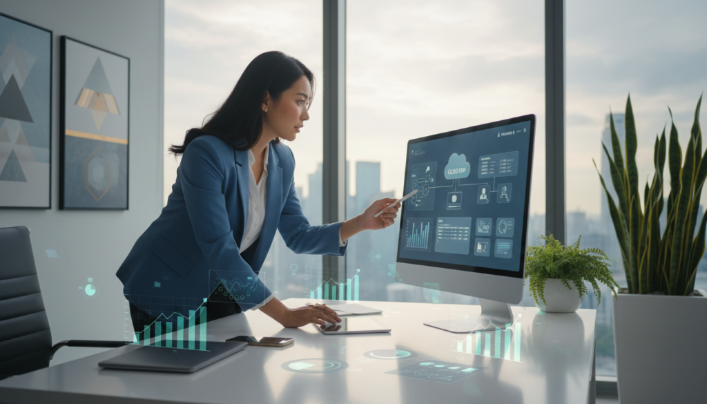 A sleek office space showcasing a modern cloud ERP system interface on a computer screen, featuring a professional Asian businesswoman in smart attire analyzing data with focused intent. In the foreground, a glossy desk with digital devices and graphs representing business metrics. The middle ground highlights a large window with a view of Singapore's skyline, symbolizing technological advancement and innovation. The background is adorned with abstract art and potted plants, creating a harmonious work environment. Soft, natural lighting illuminates the space, emanating a warm and inviting atmosphere. The image captures the essence of decision-making in selecting the right cloud ERP solutions for SMEs in Singapore, emphasizing clarity and professionalism. Photorealistic style with a balanced composition and depth of field to enhance the visual appeal.