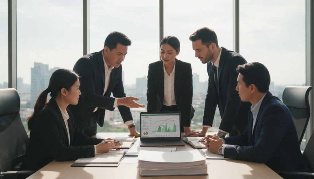 A sophisticated office environment set during the financial year-end period. In the foreground, a diverse group of professionals, both men and women, are engaged in discussion, wearing smart business attire. Their expressions reflect concentration and teamwork. In the middle, a large table is covered with financial documents, spreadsheets, and a laptop displaying charts and graphs indicating progress and analysis. The background features a modern office space with large windows allowing natural light to illuminate the scene, creating an atmosphere of productivity and focus. Soft shadows enhance the realism of the image, with a slight depth of field effect to emphasize the group in the foreground. Overall, the mood conveys a sense of urgency and collaboration essential for year-end financial processes.