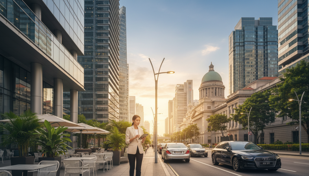 A sophisticated view of a prestigious business address in Singapore, featuring a modern glass facade skyscraper with sleek lines reflecting the blue sky. In the foreground, a well-dressed professional woman holding a digital tablet walks confidently past a stylish outdoor seating area adorned with lush greenery. In the middle, elegant cars are parked along a clean, wide boulevard with tastefully designed street lamps. The background showcases the iconic Singapore City Hall, its historical architecture contrasting with contemporary buildings. A warm, inviting glow from golden hour lighting enhances the atmosphere, creating a harmonious blend of tradition and modernity. The photo is captured from a slightly elevated angle, showcasing the bustling life of an urban business hub. A sophisticated view of a prestigious business address in Singapore, featuring a modern glass facade skyscraper with sleek lines reflecting the blue sky. In the foreground, a well-dressed professional woman holding a digital tablet walks confidently past a stylish outdoor seating area adorned with lush greenery. In the middle, elegant cars are parked along a clean, wide boulevard with tastefully designed street lamps. The background showcases the iconic Singapore City Hall, its historical architecture contrasting with contemporary buildings. A warm, inviting glow from golden hour lighting enhances the atmosphere, creating a harmonious blend of tradition and modernity. The photo is captured from a slightly elevated angle, showcasing the bustling life of an urban business hub.