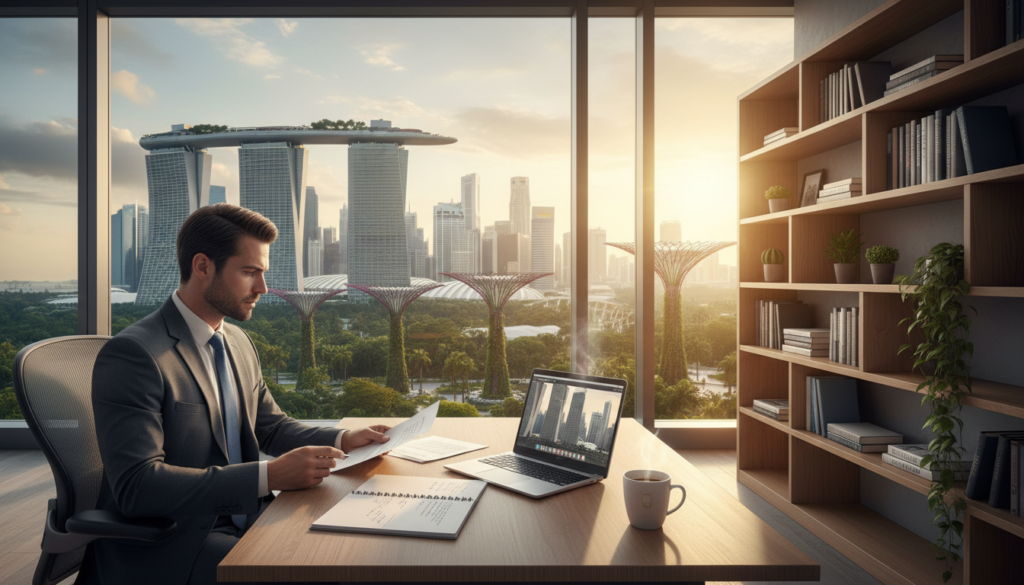 A spacious, modern virtual office setup in Singapore designed for foreign professionals. In the foreground, a sleek wooden desk with an open laptop, a notepad, and a steaming cup of coffee. To the left, a well-dressed foreign professional, male, in a tailored suit, reviewing documents, exuding focus and professionalism. In the middle, a large window overlooks the iconic Singapore skyline, featuring tall buildings and greenery. The natural light floods the room, creating a warm and inviting atmosphere. In the background, a minimalist bookshelf filled with books and plants adds a touch of tranquility. The overall mood is productive and inspiring, highlighting a seamless blend of work and comfort in a vibrant city. Photorealistic lighting enhances the scene, capturing the depth and detail of each element.