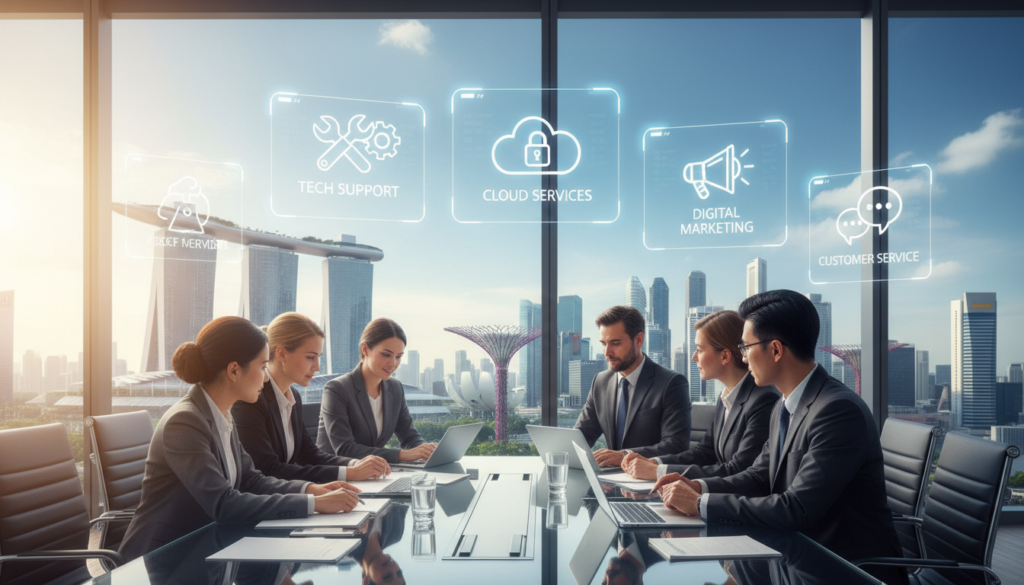 A vibrant workspace in Singapore showcasing various service categories in a modern, photorealistic style. In the foreground, a diverse group of professional individuals dressed in business attire are collaborating around a sleek conference table, analyzing charts and digital devices. The middle ground features detailed representations of service categories like tech support, cloud services, digital marketing, and customer service, illustrated through labeled icons on screens and documents. The background includes a panoramic view of Singapore's skyline, with iconic skyscrapers under clear blue skies. Soft natural lighting illuminates the scene, enhancing the polished and dynamic atmosphere, emphasizing the innovation and professionalism of the SaaS industry in Singapore.