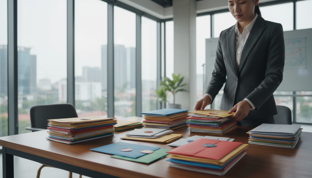 A well-organized mail handling station in a modern office setting. In the foreground, there are neatly stacked packages and envelopes on a polished wooden table, featuring an array of colorful official letters. In the middle ground, a professional individual in business attire diligently sorts through the mail, displaying focus and efficiency. The background includes a sleek, contemporary office with large windows allowing natural light to flood the space, enhancing a sense of transparency and productivity. The atmosphere is calm and professional, with soft lighting highlighting the precision of the mail handling process. The scene is captured from a slightly elevated angle, giving a comprehensive view of the organized workspace. The overall mood conveys efficiency and reliability in managing important communications.