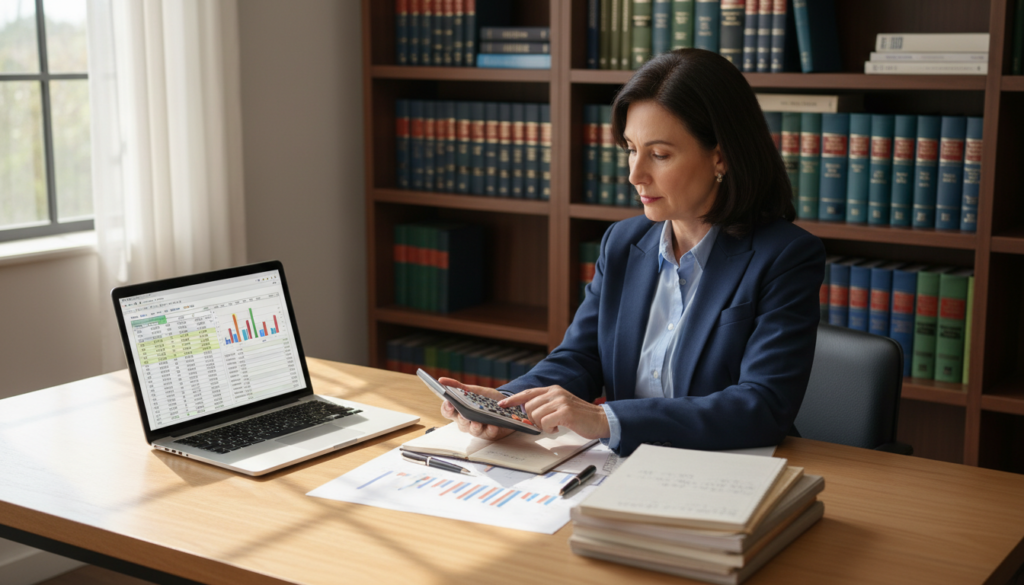 A well-organized office setting depicting a professional tax consultant's workspace, featuring a clutter-free wooden desk with a laptop displaying spreadsheets and financial data. In the foreground, a focused middle-aged woman in smart business attire, using a calculator, with papers and a pen beside her. In the background, a bookshelf filled with financial reference books and compliance manuals, adding context to the environment. Soft, natural lighting streams through a window, casting gentle shadows and creating a warm atmosphere. The angle is slightly above eye level, showcasing both the consultant's diligent work and the professional ambiance of the office. The scene conveys a sense of focus, responsibility, and clarity, capturing the essence of bookkeeping in a tax consultancy context.