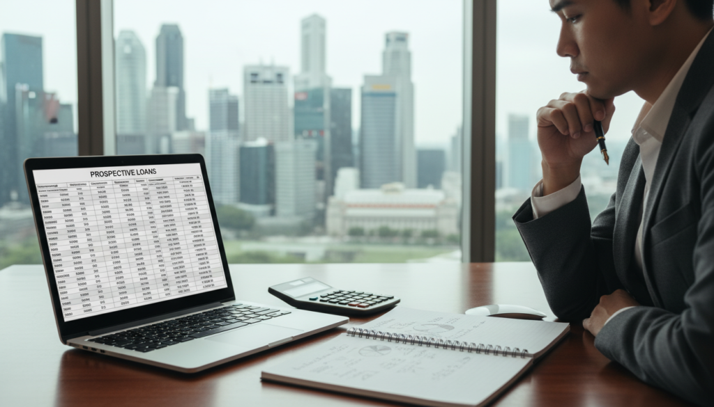 A well-organized office workspace, capturing the essence of financial decision-making. In the foreground, a sleek wooden desk with an open laptop showing a spreadsheet of potential loan amounts, alongside a calculator and a notepad filled with calculations. In the middle, an elegant professional in business attire, focused and jotting down notes, reflecting deep contemplation. Background features a large window with soft natural light streaming in, illuminating a city skyline of Singapore, visible with modern skyscrapers. The atmosphere is one of determination and clarity, highlighting the importance of choosing the right loan amount and structure. The lighting is bright and cheerful, emphasizing a productive work environment, with a depth of field that makes the foreground sharp and the background slightly blurred.
