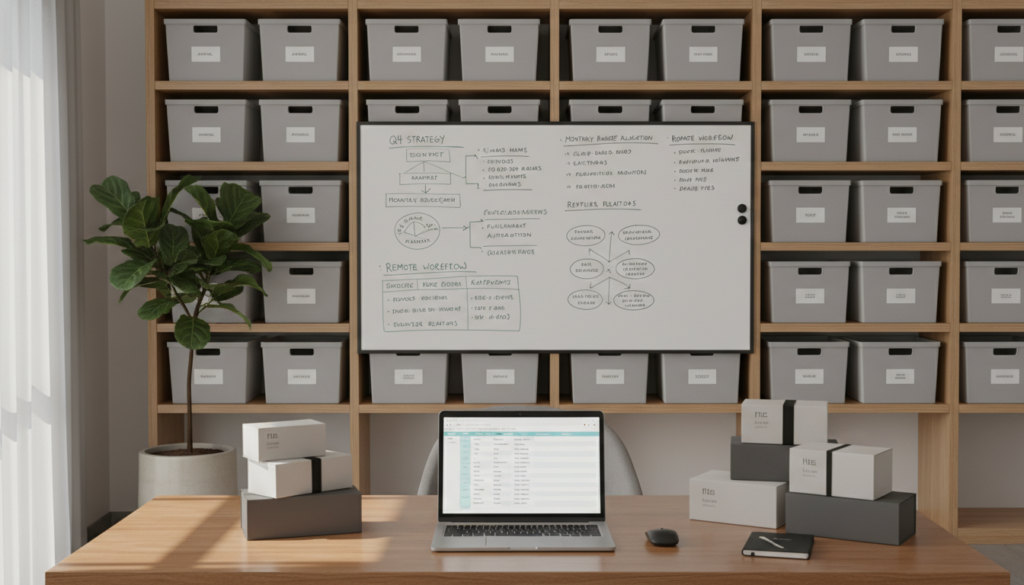 A well-organized workspace illustrating the concept of inventory management for an ecommerce business. In the foreground, a sleek, modern wooden desk featuring neatly stacked product boxes and a laptop displaying inventory spreadsheets. In the middle, a large whiteboard filled with strategic plans, budgets, and workflow diagrams, highlighting a remote-ready business approach. The background includes shelves with organized storage bins labeled by categories, a potted plant for a touch of greenery, and soft natural lighting coming from a window that casts gentle shadows, creating a calm and focused atmosphere. The scene evokes professionalism and readiness, suitable for an entrepreneurial environment, captured with a wide-angle lens to give depth. A well-organized workspace illustrating the concept of inventory management for an ecommerce business. In the foreground, a sleek, modern wooden desk featuring neatly stacked product boxes and a laptop displaying inventory spreadsheets. In the middle, a large whiteboard filled with strategic plans, budgets, and workflow diagrams, highlighting a remote-ready business approach. The background includes shelves with organized storage bins labeled by categories, a potted plant for a touch of greenery, and soft natural lighting coming from a window that casts gentle shadows, creating a calm and focused atmosphere. The scene evokes professionalism and readiness, suitable for an entrepreneurial environment, captured with a wide-angle lens to give depth.