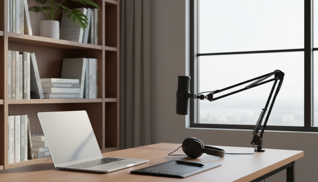 A well-organized workspace showcasing essential tools for remote consulting. In the foreground, a sleek laptop sits open on a polished wooden desk, surrounded by a microphone, headphones, and a digital tablet. The middle layer features a bookshelf filled with professional books and guides, alongside a small indoor plant for a touch of greenery. In the background, a large window allows natural light to flood in, illuminating the room and casting soft shadows, creating a warm and inviting atmosphere. The scene conveys professionalism and readiness, ideal for a remote consulting environment. This photorealistic image captures clarity and focus, with sharp details and a balanced composition, emphasizing the tools needed for successful, high-quality remote consulting.