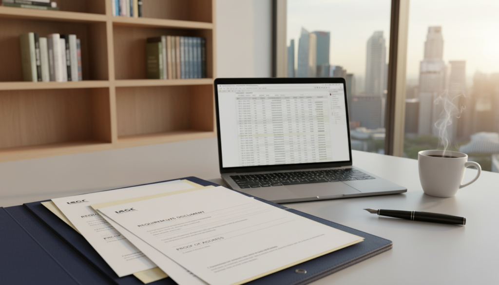 a highly detailed photorealistic image of a professional workspace displaying a variety of incorporation documents related to offshore structures. In the foreground, there is an open folder showcasing neatly organized papers with titles like "Requirements Document" and "Proof of Address" visible. In the middle, a sleek laptop is open with a spreadsheet on the screen, while a stylish pen and a cup of coffee sit nearby. The background features a modern office setting with shelves filled with business books and a window revealing a view of Singapore's skyline, bathed in warm afternoon light. The mood is focused and organized, reflecting a professional atmosphere conducive to business planning and document preparation. a highly detailed photorealistic image of a professional workspace displaying a variety of incorporation documents related to offshore structures. In the foreground, there is an open folder showcasing neatly organized papers with titles like "Requirements Document" and "Proof of Address" visible. In the middle, a sleek laptop is open with a spreadsheet on the screen, while a stylish pen and a cup of coffee sit nearby. The background features a modern office setting with shelves filled with business books and a window revealing a view of Singapore's skyline, bathed in warm afternoon light. The mood is focused and organized, reflecting a professional atmosphere conducive to business planning and document preparation.