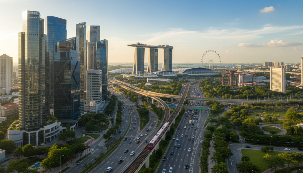 A breathtaking, photorealistic aerial view of Singapore's world-class infrastructure, showcasing a vibrant cityscape. In the foreground, highlight the stunning architecture of modern skyscrapers, with sleek glass facades reflecting the sunlight. The middle ground features a bustling urban transit system, including elevated trains and busy roadways filled with vehicles, symbolizing seamless mobility. In the background, iconic landmarks like Marina Bay Sands and the Singapore Flyer stand majestically against a clear blue sky. The lighting should be warm and inviting, with a midday sun casting soft shadows. The atmosphere conveys innovation and efficiency, making it an ideal visual metaphor for logistics, mobility, and digital operations in a global business hub. A breathtaking, photorealistic aerial view of Singapore's world-class infrastructure, showcasing a vibrant cityscape. In the foreground, highlight the stunning architecture of modern skyscrapers, with sleek glass facades reflecting the sunlight. The middle ground features a bustling urban transit system, including elevated trains and busy roadways filled with vehicles, symbolizing seamless mobility. In the background, iconic landmarks like Marina Bay Sands and the Singapore Flyer stand majestically against a clear blue sky. The lighting should be warm and inviting, with a midday sun casting soft shadows. The atmosphere conveys innovation and efficiency, making it an ideal visual metaphor for logistics, mobility, and digital operations in a global business hub.