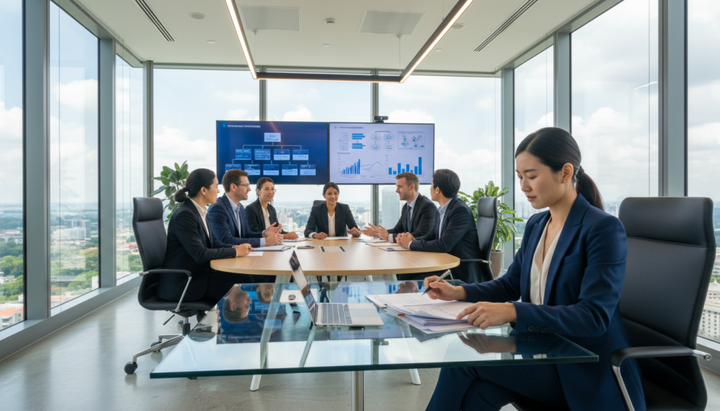 A bright, modern corporate office environment showcasing a corporate service provider at work. In the foreground, a confident, professional Asian woman in a well-tailored business suit is reviewing documents at a sleek glass desk, with a laptop open next to her. In the middle ground, a diverse team of business professionals in formal attire engage in a lively discussion around a large conference table, surrounded by digital screens displaying company registration charts and flow diagrams. In the background, large windows let in natural light, revealing a cityscape of Singapore. The atmosphere is focused and productive, highlighting professionalism and collaboration in the context of company formation. The image is photorealistic, capturing intricate details in attire and office decor.