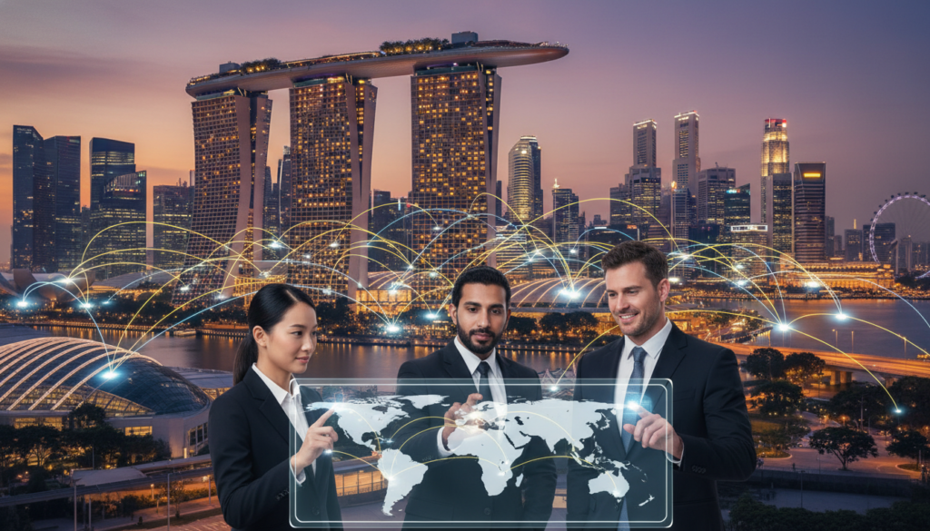 A bustling cityscape of Singapore at dusk, showcasing the iconic Marina Bay Sands and the skyline adorned with skyscrapers gracefully illuminated. In the foreground, a diverse group of three professionals in business attire—one Asian woman, one Middle-Eastern man, and one Caucasian man—gather around a digital map displayed on a transparent screen, pointing to various global locations. The middle layer features a network of glowing lines connecting city landmarks, symbolizing global connectivity and international trade routes. In the background, the warm hues of sunset blend into the night sky, reflecting a sense of opportunity and strategic ambition. Soft, diffused lighting casts a professional atmosphere, enhancing the focus on collaboration and expansion potential. The scene conveys an engaging, forward-thinking environment, ideal for international business discussions.