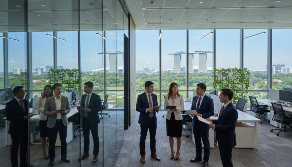 A bustling corporate environment in Singapore, showcasing a modern office building with sleek glass architecture reflecting the vibrant cityscape. In the foreground, a diverse group of business professionals in smart business attire are engaged in a discussion, holding tablets and documents, embodying a mixture of cultures. The middle ground features a well-organized workspace with large windows that allow natural light to flood the area, highlighting the greenery of nearby parks and the iconic Marina Bay Sands in the distance. The background captures a clear blue sky, enhancing the overall sense of optimism and opportunity. The lighting is bright and inviting, conveying a dynamic atmosphere that emphasizes Singapore’s appeal as a prime hub for foreign-owned businesses. The composition is sharp and photorealistic, taken from a slightly elevated perspective to encapsulate the energy and professionalism of the scene. A bustling corporate environment in Singapore, showcasing a modern office building with sleek glass architecture reflecting the vibrant cityscape. In the foreground, a diverse group of business professionals in smart business attire are engaged in a discussion, holding tablets and documents, embodying a mixture of cultures. The middle ground features a well-organized workspace with large windows that allow natural light to flood the area, highlighting the greenery of nearby parks and the iconic Marina Bay Sands in the distance. The background captures a clear blue sky, enhancing the overall sense of optimism and opportunity. The lighting is bright and inviting, conveying a dynamic atmosphere that emphasizes Singapore’s appeal as a prime hub for foreign-owned businesses. The composition is sharp and photorealistic, taken from a slightly elevated perspective to encapsulate the energy and professionalism of the scene.