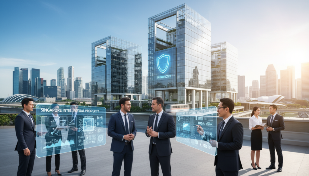 A bustling innovation ecosystem in Singapore, showcasing a diverse group of professionals in business attire collaborating over futuristic technology. In the foreground, focused individuals are discussing innovative ideas while reviewing digital screens displaying graphs and patents. The middle ground features modern buildings symbolizing transparency and strong IP protection, with glass structures reflecting light. The background captures an iconic skyline of Singapore, highlighting the city's blend of culture and modernity. The scene is illuminated by bright, natural sunlight creating an optimistic and professional atmosphere. A slight lens flare adds intrigue, enhancing the sense of dynamism and progress in this innovation-driven hub. A bustling innovation ecosystem in Singapore, showcasing a diverse group of professionals in business attire collaborating over futuristic technology. In the foreground, focused individuals are discussing innovative ideas while reviewing digital screens displaying graphs and patents. The middle ground features modern buildings symbolizing transparency and strong IP protection, with glass structures reflecting light. The background captures an iconic skyline of Singapore, highlighting the city's blend of culture and modernity. The scene is illuminated by bright, natural sunlight creating an optimistic and professional atmosphere. A slight lens flare adds intrigue, enhancing the sense of dynamism and progress in this innovation-driven hub.