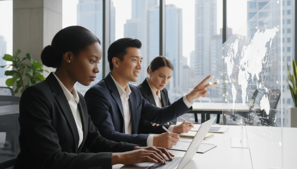 A close-up view of a diverse group of professionals in a modern office setting, engaged in a collaborative discussion about expanding their network. The foreground features three individuals in business attire: a Black woman analyzing data on a laptop, an Asian man gesturing towards a digital map of connections, and a Caucasian woman taking notes. In the middle ground, a large window reveals an urban skyline, symbolizing growth and opportunity. The background is filled with sleek, contemporary furniture and green plants to enhance the atmosphere. Soft, natural lighting filters through the window, creating a warm and inviting ambiance. Focus on the expressions of determination and teamwork, conveying a sense of trust and ambition in corporate banking. A close-up view of a diverse group of professionals in a modern office setting, engaged in a collaborative discussion about expanding their network. The foreground features three individuals in business attire: a Black woman analyzing data on a laptop, an Asian man gesturing towards a digital map of connections, and a Caucasian woman taking notes. In the middle ground, a large window reveals an urban skyline, symbolizing growth and opportunity. The background is filled with sleek, contemporary furniture and green plants to enhance the atmosphere. Soft, natural lighting filters through the window, creating a warm and inviting ambiance. Focus on the expressions of determination and teamwork, conveying a sense of trust and ambition in corporate banking.