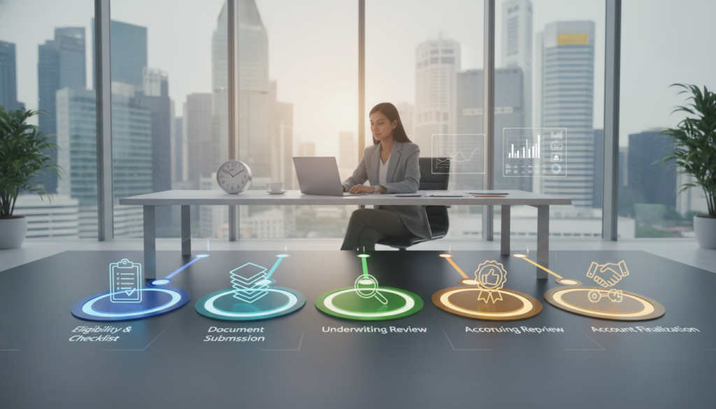 A detailed application timeline visual for a business bank account in Singapore, featuring a pathway with distinct stages marked by icons, such as a checklist, document submission, review, approval, and finalization. The foreground shows a stylized timeline with vibrant colors, each step illuminated to convey clarity. In the middle, a professional in business attire, reviewing documents on a laptop, sits at a modern desk, surrounded by elements symbolizing finance, like a clock and charts. The background includes a serene office setting with large windows, soft natural light filtering in to create an inviting atmosphere. The overall mood is optimistic and professional, emphasizing transparency and progression through the application process in a photorealistic style.