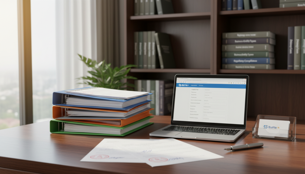 A detailed, photorealistic scene showcasing a clean and organized office workspace filled with essential documents related to business registration. In the foreground, a neatly stacked pile of colorful file folders and crisp white sheets of paper, some with official stamps and signatures, rest on a polished wooden desk. A laptop is open beside them, displaying a glowing BizFile+ webpage. In the middle, an elegant pen and a business card holder enhance the professional ambiance. The background features a bookshelf with professionally bound guides and reference books about company registration. Soft, natural light streams through a nearby window, creating a calm and focused atmosphere conducive to preparing important paperwork. The overall mood is one of efficiency and readiness, reflecting the essential steps in the business registration process.