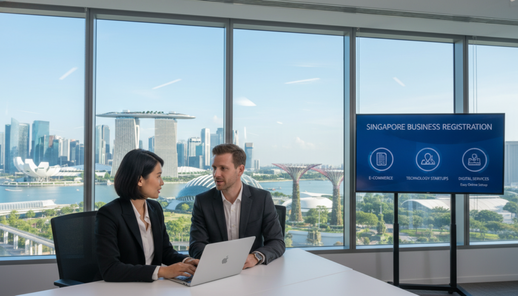 A modern business office in Singapore, showcasing sleek glass buildings and an open work environment. In the foreground, a diverse group of professionals, including a Southeast Asian woman and a Caucasian man, both dressed in smart business attire, are engaged in a discussion over a laptop. In the middle ground, a digital display showcasing online business registration services is visible, with icons representing e-commerce and technology. The vibrant cityscape of Marina Bay is in the background, under a bright blue sky with soft, natural lighting filtering through. The atmosphere is dynamic and optimistic, conveying innovation and professionalism, reflecting the ease of online business registration in Singapore, while maintaining a photorealistic style.
